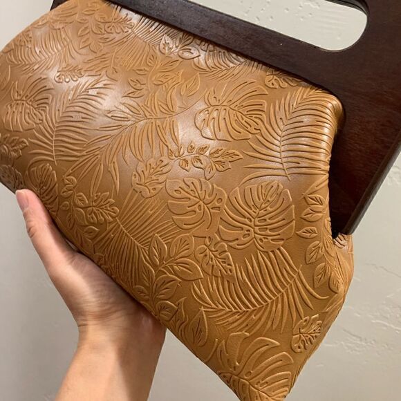 Handmade Genuine Leather Embossed Leaves Large Wood Frame Bag/Crossbody